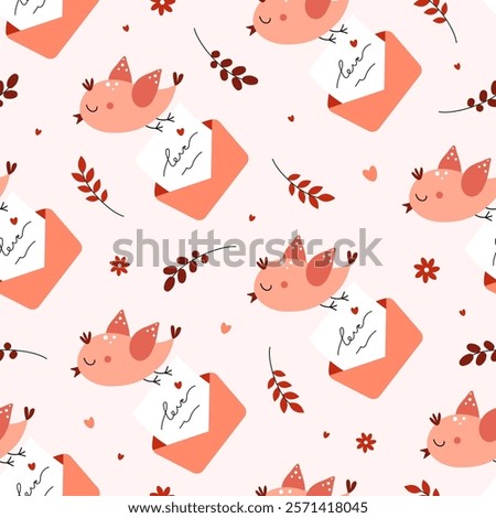 Seamless pattern of a cute bird with a letter in an envelope. Valentine's Day. Love, romance, relationships. Vector illustration