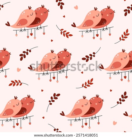 Seamless pattern of a couple of cute birds on a garland with hearts. Valentine's Day. Love, romance, relationships. Vector illustration