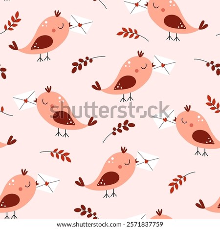 Seamless pattern of cute birds with an envelope. Valentine's Day. Love, romance, relationships. Vector illustration