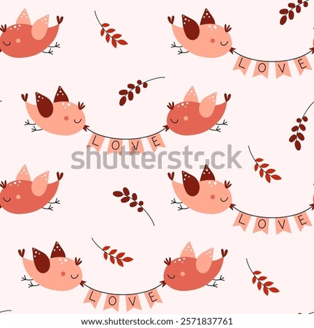 Seamless pattern of a couple of cute birds with a flag garland. Valentine's Day. Love, romance, relationships. Vector illustration