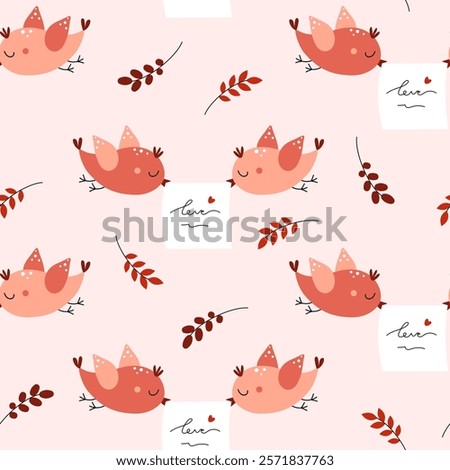 Seamless pattern of a couple of cute birds with a letter. Valentine's Day. Love, romance, relationships. Vector illustration