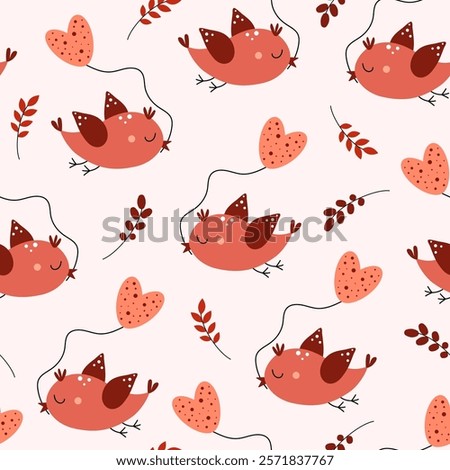 Seamless pattern of cute birds with a heart shaped balloon. Valentine's Day. Love, romance, relationships. Vector illustration