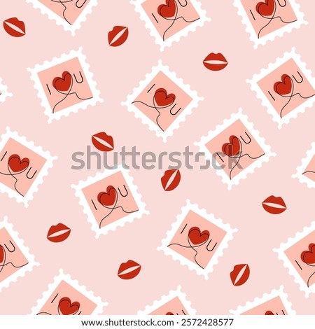 Seamless pattern with postage stamp and kiss, lip print. Valentine's Day. Love, romance, relationships. Vector illustration