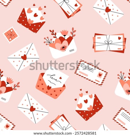 Seamless pattern with envelopes, mail post letters. Valentine's Day. Love, romance, relationships. Vector illustration