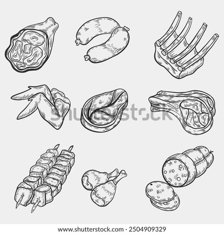 Line drawing of meat. Set of meat and meat products for label, sign, banner, sticker, advertisement. Vector black paint outline food sketch illustration with juicy piece of meat for healthy eating. Ve