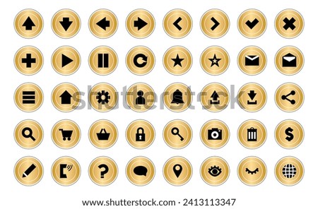 Circular icons with golden metallic effect.