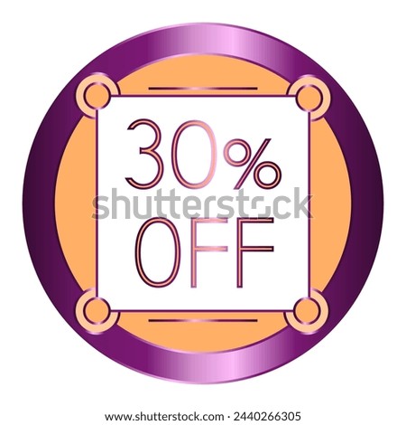 30% off written on a note attached to an orange and purple metallic disc.