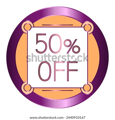 50% off written on a note attached to an orange and purple metallic disc.