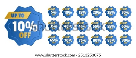 Set of stickers with different discount percentages. Circular shape with points, flower style, in blue, yellow and white with a slight metallic effect and edges.