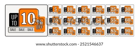 Set of discount cards with different percentages with up to 90% off. Rectangular shapes with rounded edges in orange, black and gray colors grouped together. Sale stickers.