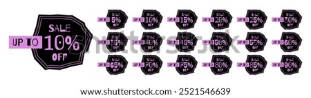 Set of discount stickers with different percentages. Up to 90% off. Irregular and pointed shape. Colors black and purple.