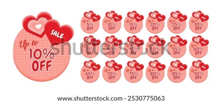 Set of discount labels. Up to 5, 10, 15, 20, 25, 30, 35, 40, 45, 50, 55, 60, 65, 70, 75, 80, 85, 90 percent off. Hearts in a circle with hearts pattern. Pink and red.