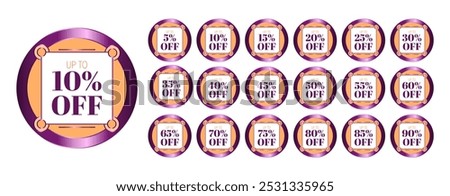 Set of discount labels. Up to 5, 10, 15, 20, 25, 30, 35, 40, 45, 50, 55, 60, 65, 70, 75, 80, 85, 90 percent off written on a note attached to an orange and purple metallic disc.