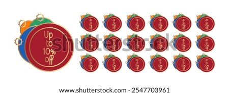 Set of discount labels in the form of colored circles with golden outline, golden stars. Up to 5, 10, 15, 20, 25, 30, 35, 40, 45, 50, 55, 60, 65, 70, 75, 80, 85, 90 percent off.