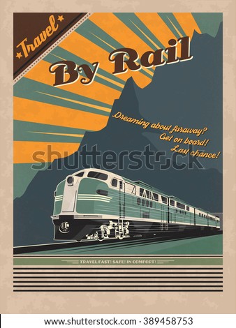 ALSO AVAILABLE HERE: https://www.etsy.com/ru/listing/495221952/train-retro-poster

Vintage travel poster for printing. Vector illustration of diesel train in retro style.