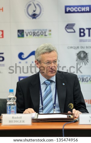MOSCOW - APR 16:  Rudolf Hediger, the Vice President of the EUG, speaks during a press-conference dedicated to the 2013 European Artistic Gymnastics Championships on April 16, 2013 in Moscow, Russia.
