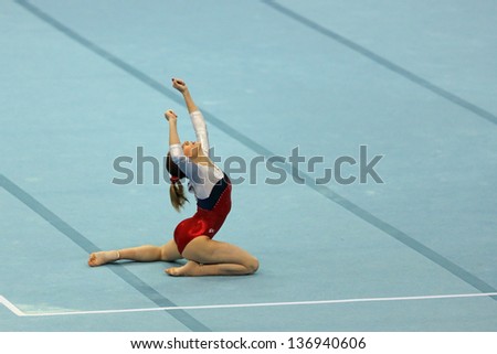 MOSCOW - APR 21: 2013 European Artistic Gymnastics Championships.  Ksenia Afanasyeva (Russia) - gold medalist on the Floor Exercise in Olympic Stadium on April 21, 2013 in Moscow, Russia.