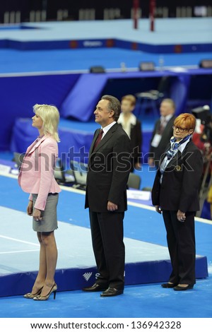 MOSCOW - APR 19: 2013 European Artistic Gymnastics Championships. Svetlana Khorkina - Russian gymnast and Vitaly Mutko - Minister of Sport in Olympic Stadium on April 19, 2013 in Moscow, Russia.