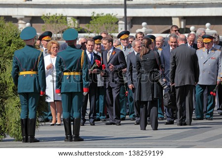 MOSCOW-MAY 8: Valentina Matviyenko, Dmitry Medvedev, Sergey Naryshkin, Sergey Shoygu in Alexander Garden. Festive events dedicated to the 67 Anniversary of Victory Day on MAY 8, 2013 in Moscow, Russia