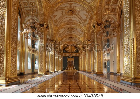 MOSCOW-FEB 22: An interior view of the Grand Kremlin Palace is shown on Feb 22, 2013 in Moscow. Built in 1849, the palace is the official residence of the President of Russia. The throne hall