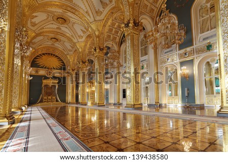 MOSCOW-FEB 22: An interior view of the Grand Kremlin Palace is shown on Feb 22, 2013 in Moscow. Built in 1849, the palace is the official residence of the President of Russia. The throne hall