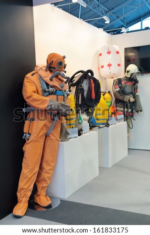 SAINT-PETERSBURG - JUN 05: The breathing apparatus and deep-diving suit on 6th international maritime defense show (IMDS-2013) on Jun 05, 2013 in Lenexpo exhibition complex, Saint-Petersburg, Russia.
