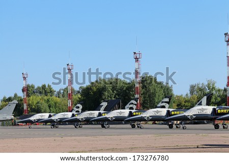 ZHUKOVSKY, RUSSIA - AUG 28, 2013: Breitling Jet Team is the civilian aerobatic display team in Europe at the International Aviation and Space salon MAKS-2013. Parking aircraft Ramenskoye airfield