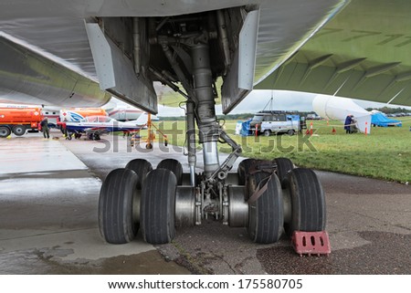 ZHUKOVSKY, RUSSIA- SEP 1, 2013: The landing gear of the plane Tupolev Tu-144 was the first in the world commercial supersonic transport aircraft at the International Aviation and Space salon MAKS-2013
