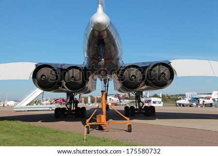 ZHUKOVSKY, RUSSIA - SEP 1, 2013: The turbojet engines of the plane Tu-144 was the first in the world commercial supersonic transport aircraft at the International Aviation and Space salon MAKS-2013