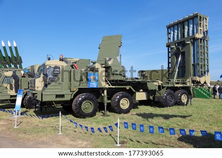 ZHUKOVSKY, RUSSIA- AUG 28, 2013: 50R6 Vityaz missile system or S-350E - Russian middle-range guided missile system developed by GSKB Almaz-Antey at the International Aviation and Space salon MAKS-2013