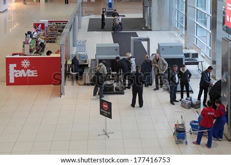 YEKATERINBURG, RUSSIA - SEP 28: Increased security measures. Screening of passengers at the entrance to the building of the airport Koltsovo