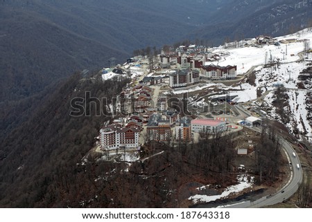 SOCHI, ADLER DISTRICT, KRASNODAR KRAI, RUSSIA-MAR 2, 2014: Mountain Olympic village at Rosa Khutor, Krasnaya Polyana - the place of residence of the athletes of the winter Olympic games 2014, top view
