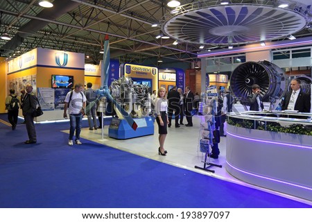 ZHUKOVSKY, RUSSIA - AUG 27: The stand of the company Ivchenko-Progress ZMKB at the International Aviation and Space salon (MAKS) on August 27, 2013 in Zhukovsky, Russia