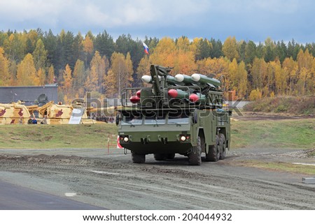 NIZHNY TAGIL, RUSSIA - SEP 26, 2013: Buk missile system (air defense complex) at the international exhibition of armament, military equipment and ammunition RUSSIA ARMS EXPO (RAE-2013)