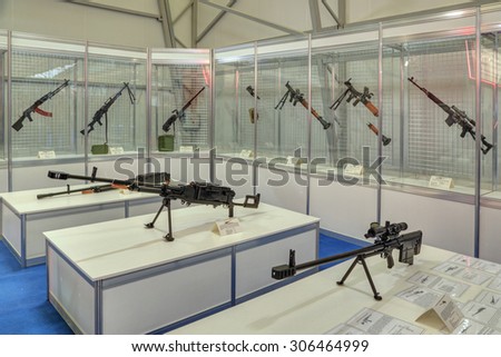 KUBINKA, MOSCOW OBLAST, RUSSIA - JUN 17, 2015: Modern small arms at the International military-technical forum ARMY-2015 in military-Patriotic park.