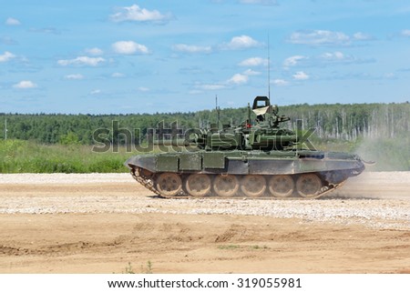 MILITARY GROUND ALABINO, MOSCOW OBLAST, RUSSIA - JUN 18, 2015: The T-72  is a Soviet second-generation main battle tank at the International military-technical forum ARMY-2015