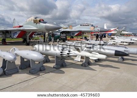 ZHUKOVSKY, RUSSIA - AUG 19: Samples of arms for planes on display at International aviation and space salon MAKS 2009 on August 19, 2009 in Zhukovsky, Russia
