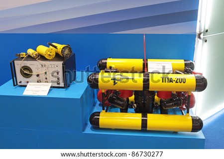 SAINT-PETERSBURG - JUNE 30: Remotely operated underwater vehicle at the 5th international maritime defence show on June 30, 2011 at Lenexpo exhibition complex in St-Petersburg, Russia.