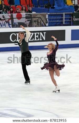 MOSCOW, RUSSIA - APR 30: World championship on figure skating 2011. Deividas Stagniunas and Isabella Tobias in pair ice dance. Palace of sports 