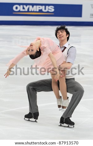 MOSCOW - APRIL 30: Xintong Huang and Xun Zheng compete in a pairs ice dancing routine during the 2011 World championship figure skating at the Palace of Sports \