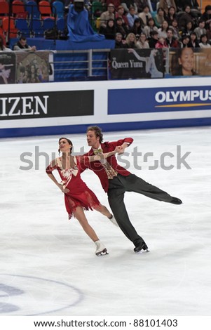 MOSCOW - APRIL 30: Fabian Bourzat and Nathalie Pechalat compete in the pair ice dance at the 2011 World championship figure skating event at the Palace of sports \