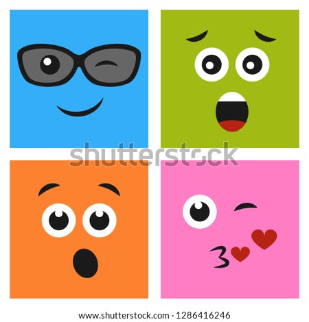 Set of four colorful emoticons with winking face with a kisses and glasses, surprised face with open mouth and scared faces. Emoji icon in square. Flat background pattern. Vector illustration