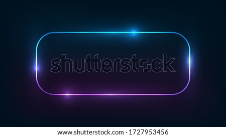 Neon rounded rectangular frame with shining effects on dark background. Empty glowing techno backdrop. Vector illustration.