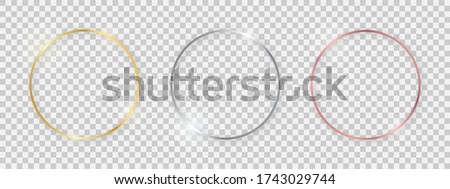 Round shiny frames with glowing effects. Set of three gold, silver and rose gold round frames with shadows on transparent background. Vector illustration