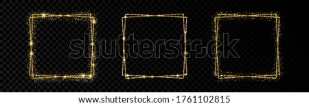 Shiny frames with glowing effects. Set of three glitter gold double square frames on transparent background. Vector illustration
