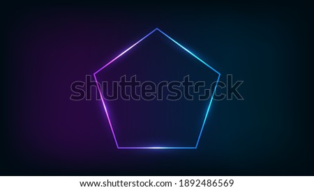 Neon frame in pentagon form with shining effects on dark background. Empty glowing techno backdrop. Vector illustration.