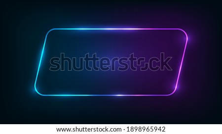 Neon rounded parallelogram frame with shining effects on dark background. Empty glowing techno backdrop. Vector illustration.