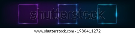 Set of three neon square frames with shining effects on dark background. Empty glowing techno backdrop. Vector illustration. Сток-фото © 