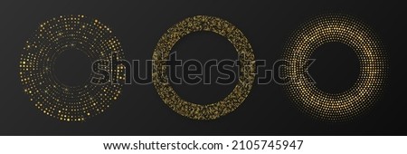 Abstract gold glowing halftone dotted background. Set of three gold glitter patterns in circle form. Circle halftone dots. Vector illustration