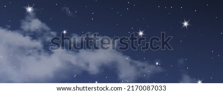 Night sky with clouds and many stars. Abstract nature background with stardust in deep universe. Vector illustration